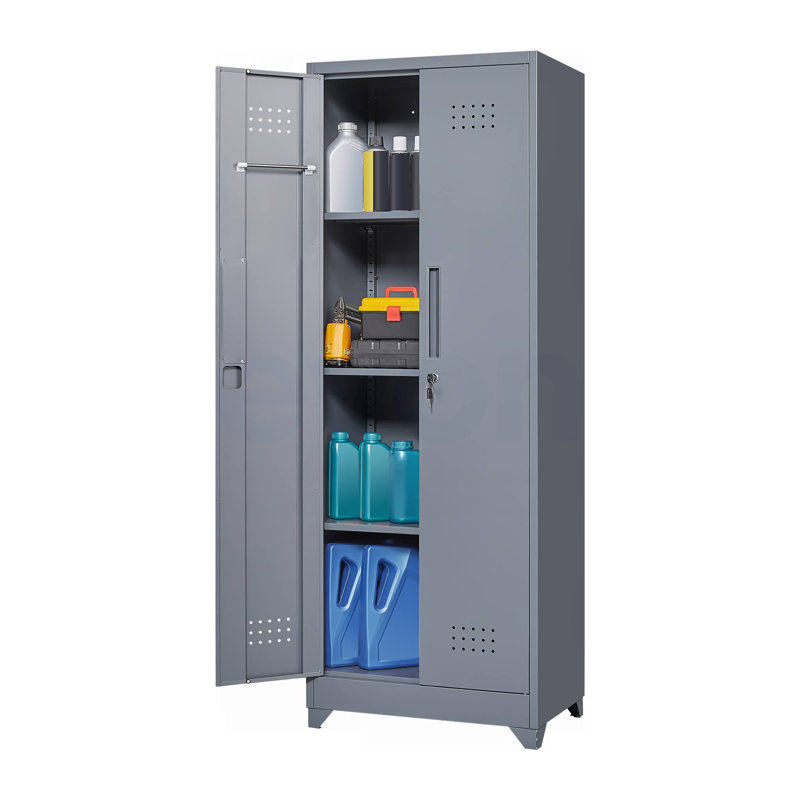 Armoire de rangement à balais avec portes et tablettes verrouillables, armoire de rangement en métal de 65 po de hauteur avec tringle à crochet et crochets en S, armoire de rangement pour outils de nettoyage gris