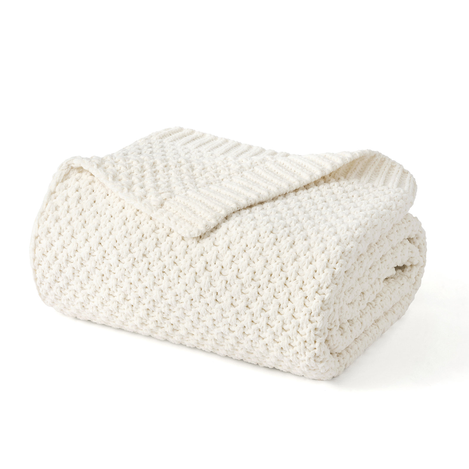 Chunky Chenille Knit Throw Blanket, Ivory White, 90" L x 90" W