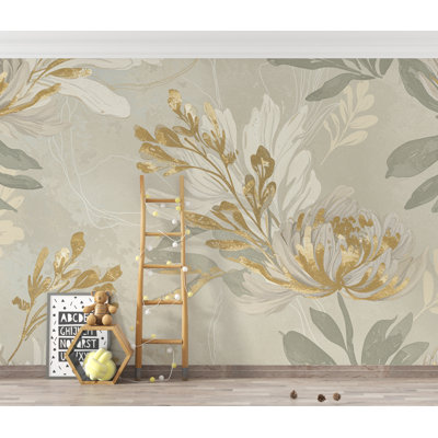 Neutral Floral Nursery Wallpaper, Soft Beige Botanical Wall Mural, Gold Accent Flower Wallpaper, Elegant Kids Room Wall Decor