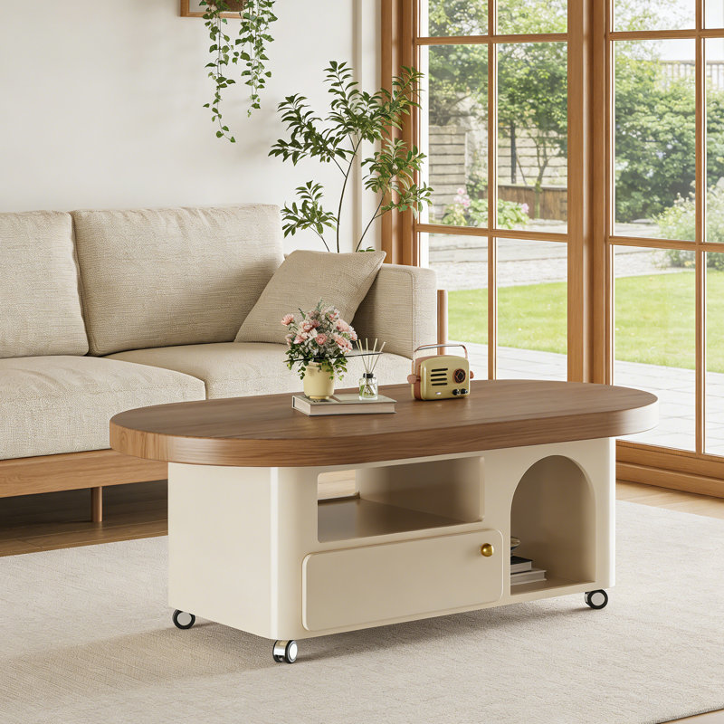 Table basse moderne avec tiroir de rangement à roulettes, H 16,53 po x l 51,18 po x P 23,62 po, Brun / Beige