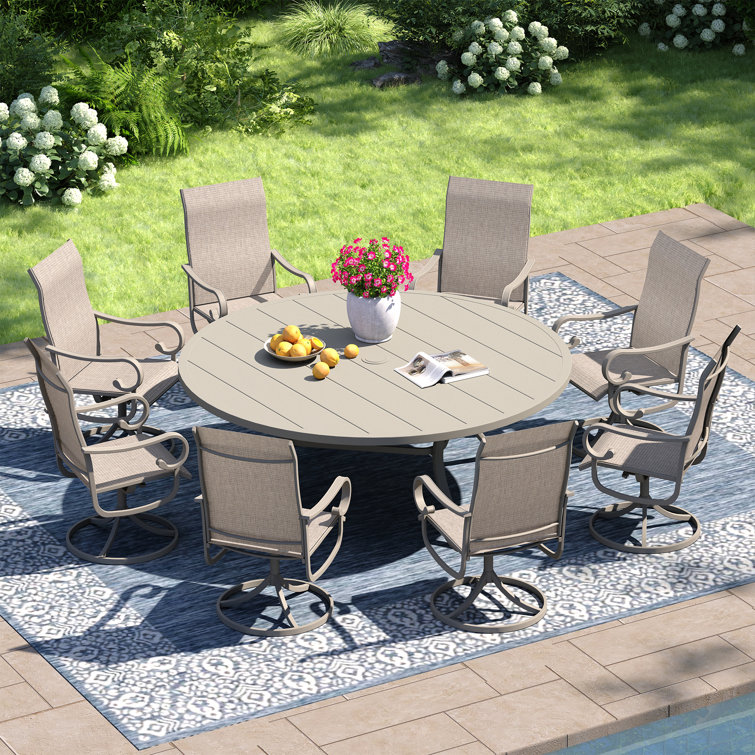 9 Pieces Patio dining set with 60" Round Dining Table and 8 Textilene Swivel Chairs