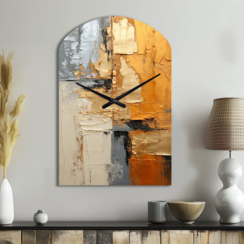 Gold Grey Gleaming Geometry XV - Arch Shape Large Abstract Collages 3D Wall Clock, Grand