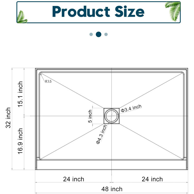 48'' W 32'' D Rectangular Single Shower Base, Center