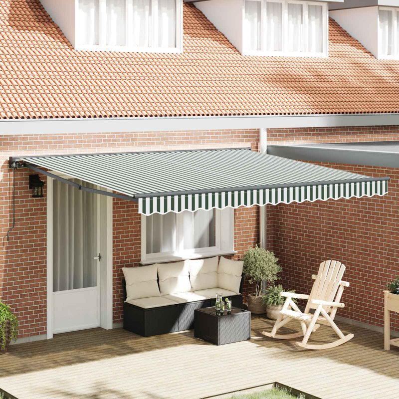 VidaXL Polyester Cover Retractable Patio Awning, Green/White/Black, 400cm W x 300cm D