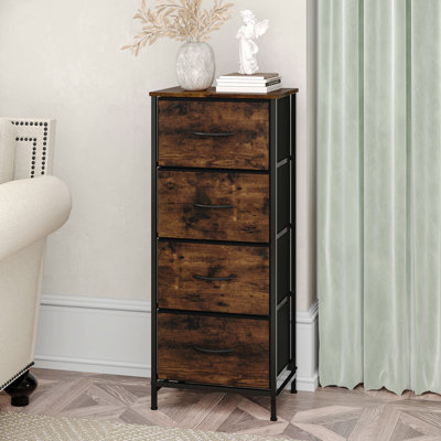 Modern 4-Drawer Fabric Dresser With Wood Top, Metal Frame, And Matte Black Finish – Vertical Storage Tower For Bedroom, Closet, Or Entryway by Rebrilliant