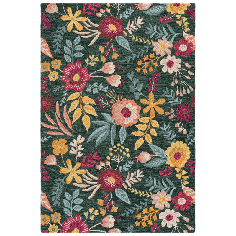 Tapis de jardin 928 tufté à la main, 80 % laine, 20 % coton, à motifs floraux, Carré 6 pi