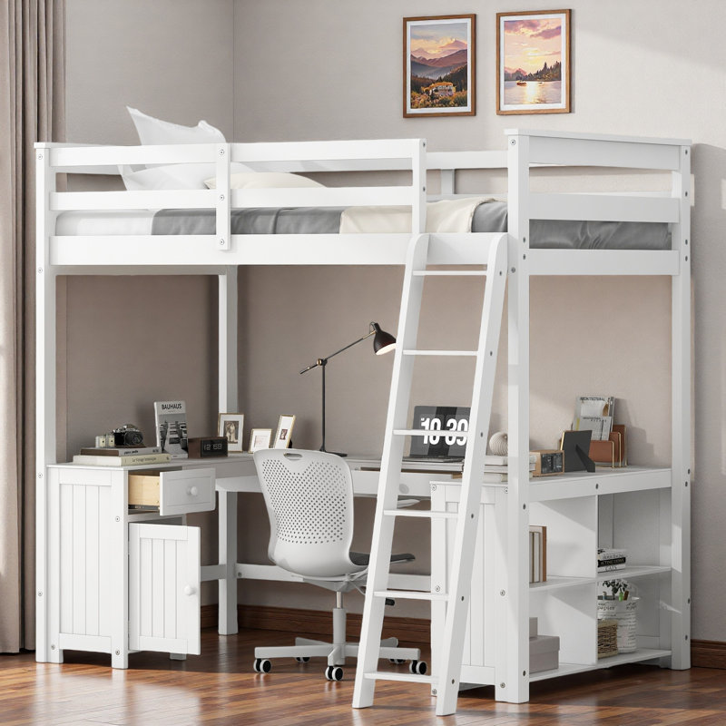 Lit mezzanine avec bureau en U, tiroirs, tablettes de rangement et armoire, Blanc / Blanc