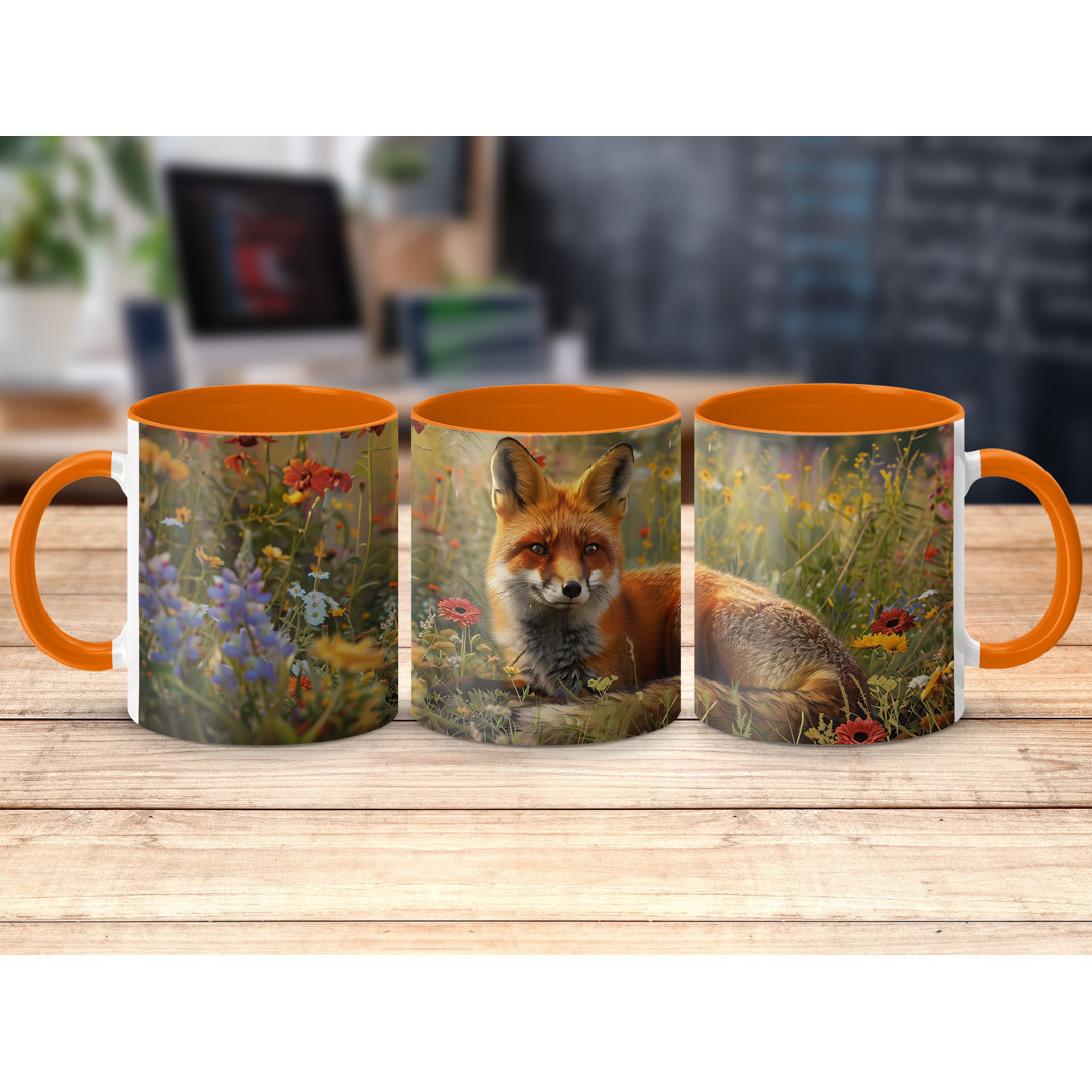 Set of 3 Realistic Animals Design 11oz Accent Mugs – White Ceramic Coffee Cups with an Orange Handle and Interior