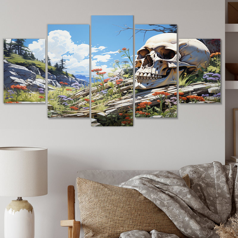 Tête de mort pastorale éternelle - art mural moderne salon - 5 panneaux