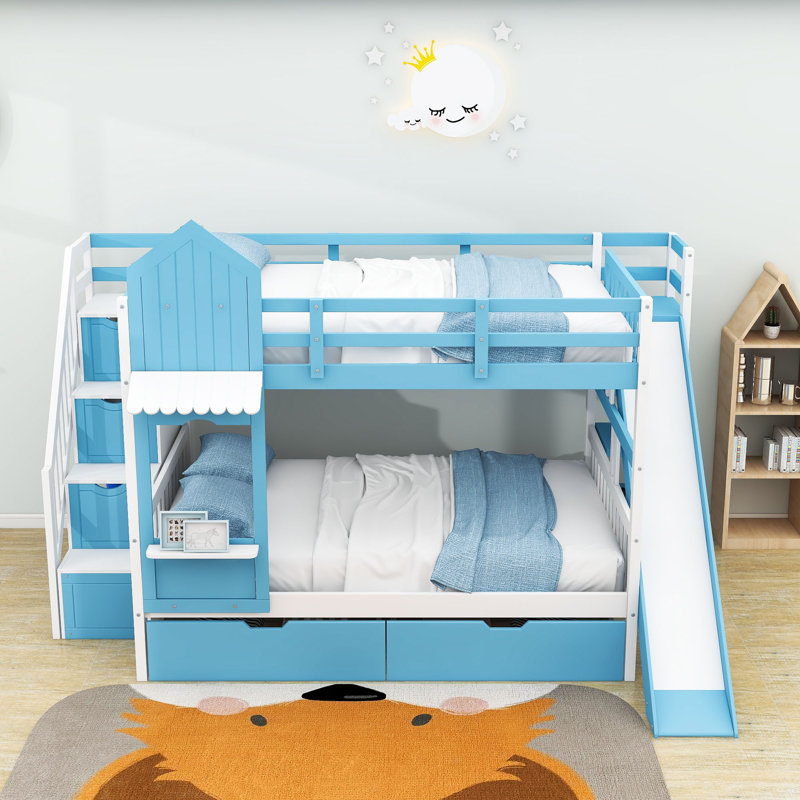 2 Drawers Bunk Bed with Storage Stairs, Slide and Shelves, Full over Full, Blue