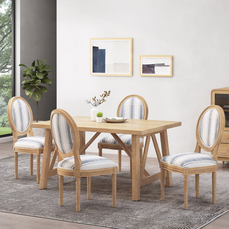 Upholstered Dining Side Chairs, Natural, Dark Blue Striped