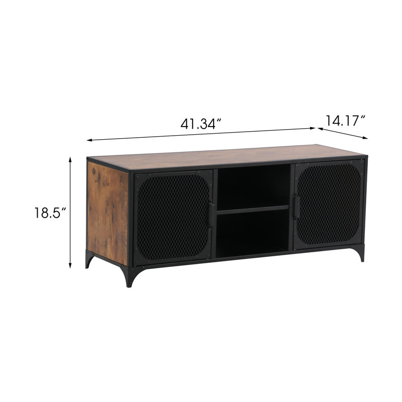 Black Steel and Wood 2-Door TV Cabinet with Mesh Panels