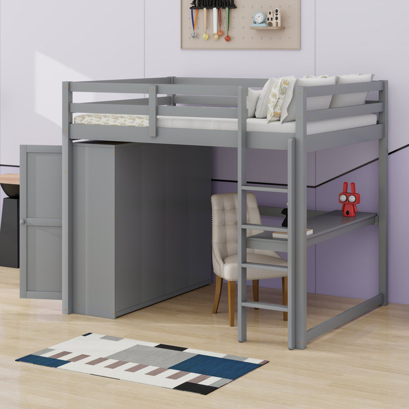 Lit mezzanine en bois avec garde-robe intégré, bureau, tablettes de rangement et tiroirs, Gris