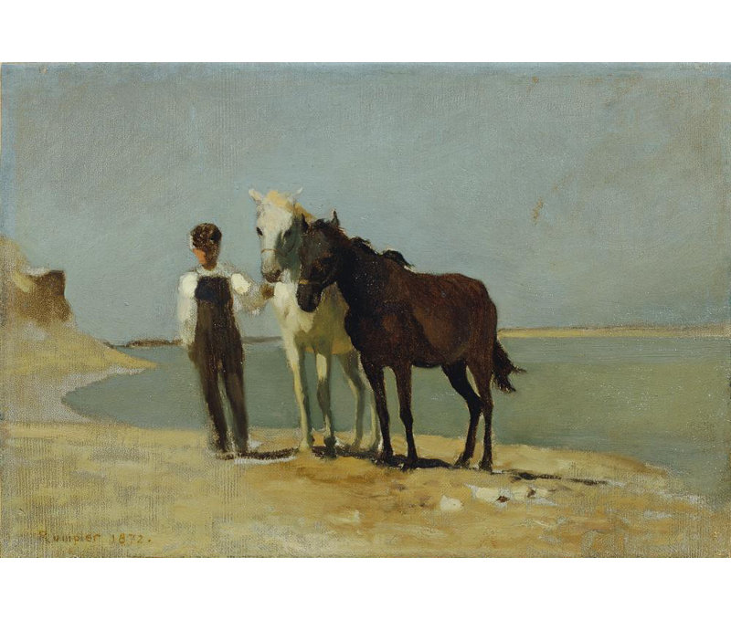 «A Boy with Horses on the Beach» par Franz Rumpler - Art mural sur toile tendue avec châssis, H 24 po x l 17 po