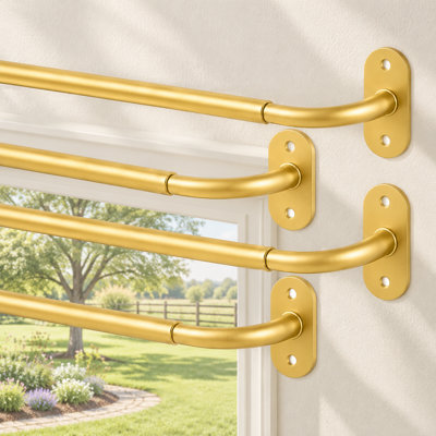 Gold 4 Pack wrap-around metal cafe sash curtain rods adjust from 18-32in with a 3/8in diameter, mount with screws, and support Up To 20 lb for French doors, windows, and sidelights.