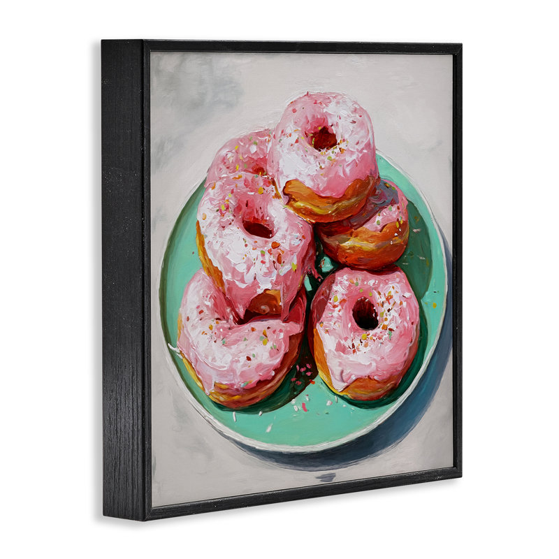 Giclée encadrée de beignets roses givrés, design par Tina LeCour, Giclée noire de minuit encadrée, H 17 po x l 17 po