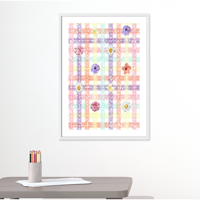 Impression sur papier à carreaux unique avec fleurs, H 35,5 po x l 25,5 po x P 1,1875 po, Encadré de boîte blanc