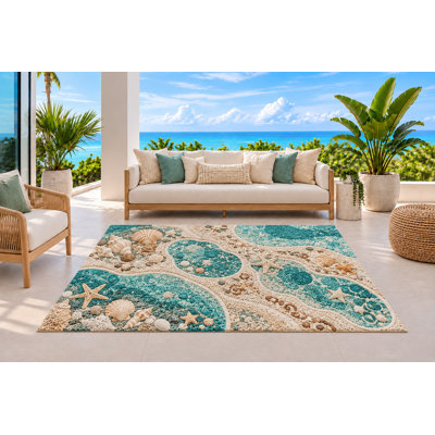 Tapis d'extérieur 5 pi x 7 pi avec piscines flottantes avec galets de coquillages et eau turquoise, tapis à boucles en PVC imperméable, tapis à séchage rapide pour porche et balcon