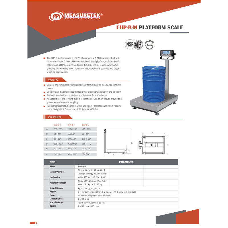 MEASURETEK - EHP-B-M | 100 kg / 250 lb approuvé par la NSF et la NTEP