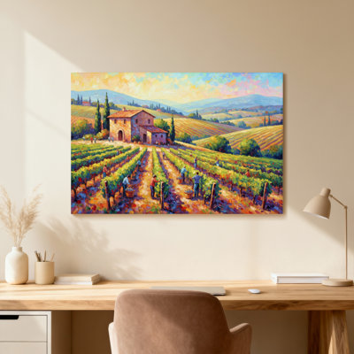 Paysage de vignobles avec ferme et ouvriers