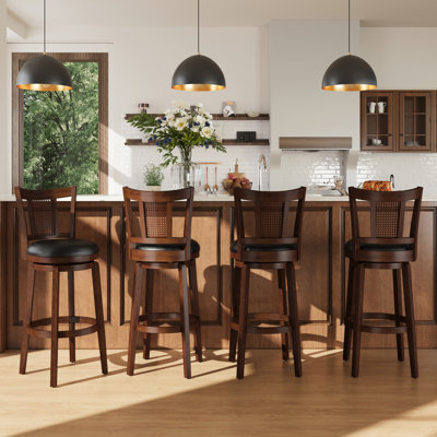Avis 30" Traditional Upholstered Bar Stool with Faux Leather Swivel Seat and Rattan Back Rubber Wood Frame (Set of 4)