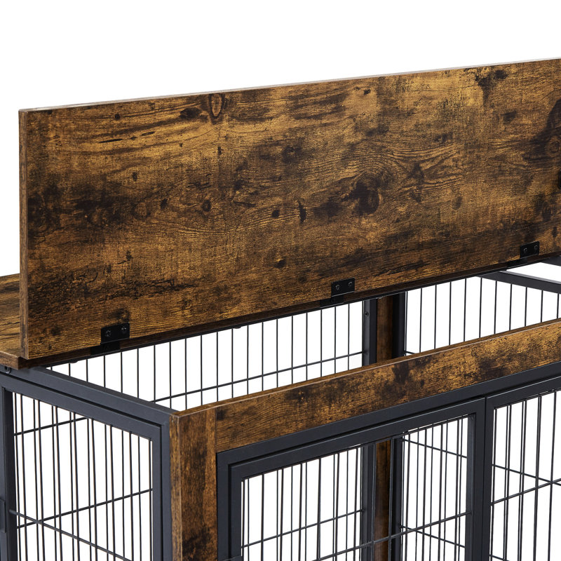 Niche pour chien rustique brun avec roulettes, portes doubles, plateau relevable et éponge pour canins moyens, Brun rustique