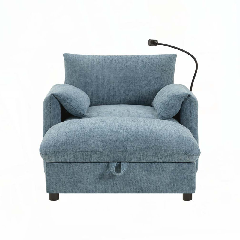 Chenille Armchair With Ottoman, Blue