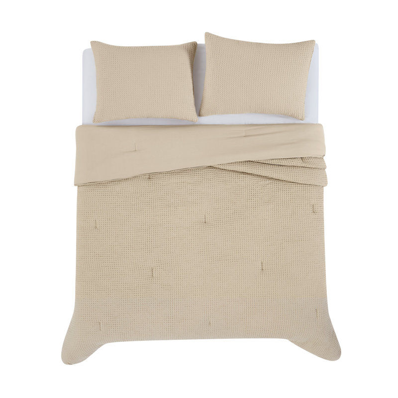 Textured Waffle Weave Comforter Set, King Comforter + 2 King Shams, Beige