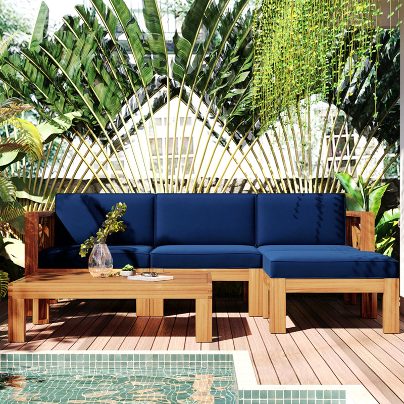 Ensemble de conversation modulaire 5 pièces avec coussins, fini naturel et coussins bleus, Bleu