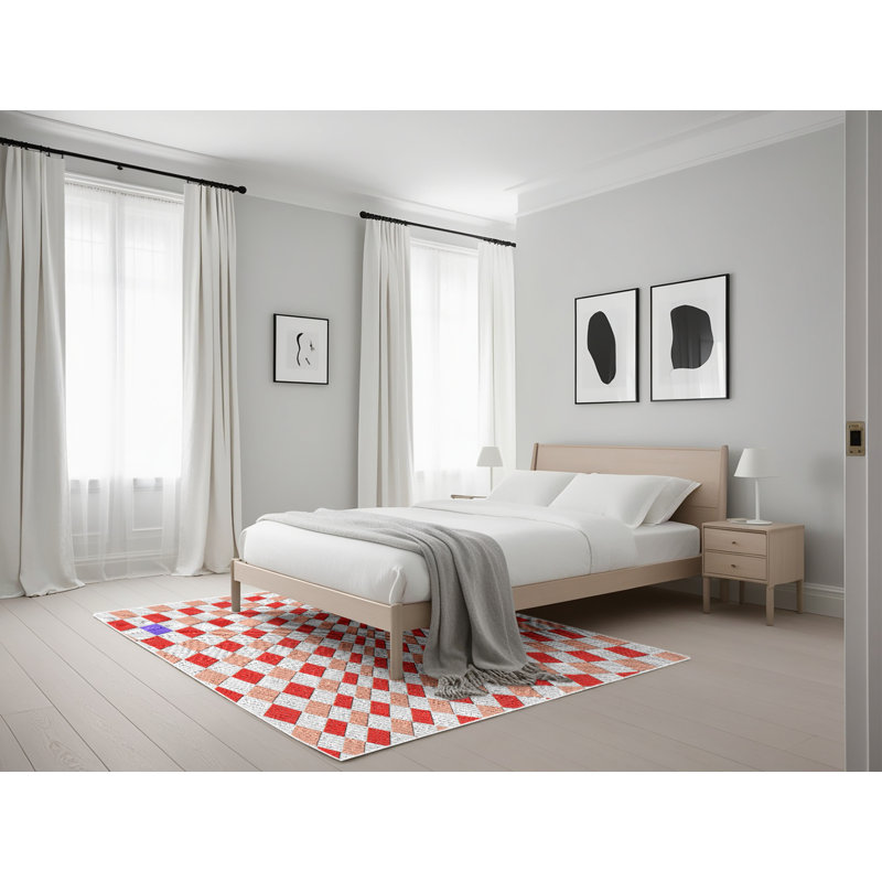 Tissé à la machine à la machine géométrique en laine et polyester rouge/blanc Tapis décoratif, Rectangle 5 pi x 7 pi