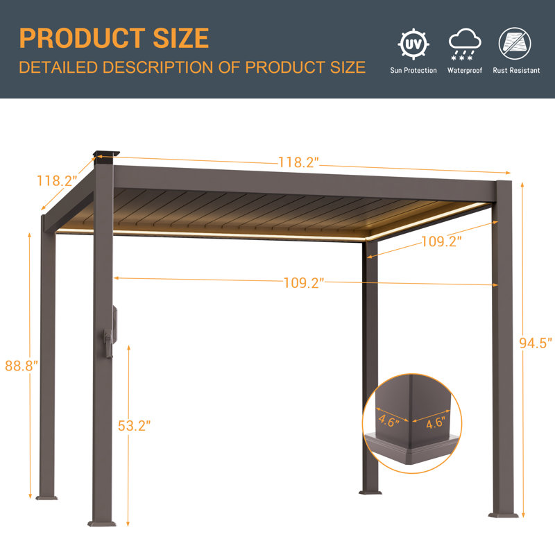 Outdoor LED Stripe Full Aluminum Pergola with Adjustable Louvers and Concealed Water Drainage System, 8' H × 10' L × 10' W