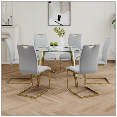 Table ronde en verre de style moderne, conception transparente élégante, base de support durable, ensemble de chaises de salle à manger en polyuréthane, convient aux cuisines de restaurant