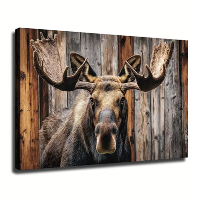 Moose Portrait Against Rustic Wooden Plank Background, Large Gallery Wrapped Canvas Wall Art Print For Living Room Bedroom