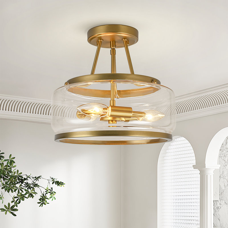 3 - Light Glass Drum Semi Flush Mount Light, Gold, Transparent
