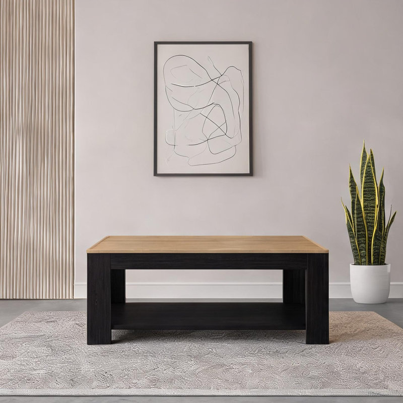 Table basse moderne avec rangement ouvert, bois d'ingénierie noir profond, rectangulaire, 47,2 de large pour le salon