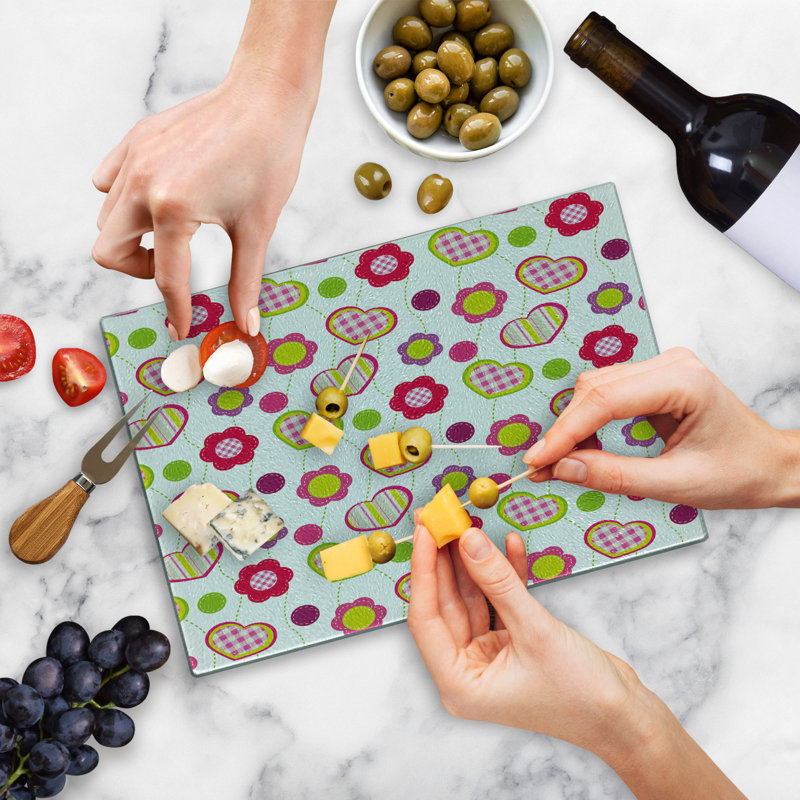Ambesonne Retro Tempered Glass Cutting Board Patchwork Flowers Hearts Multicolor