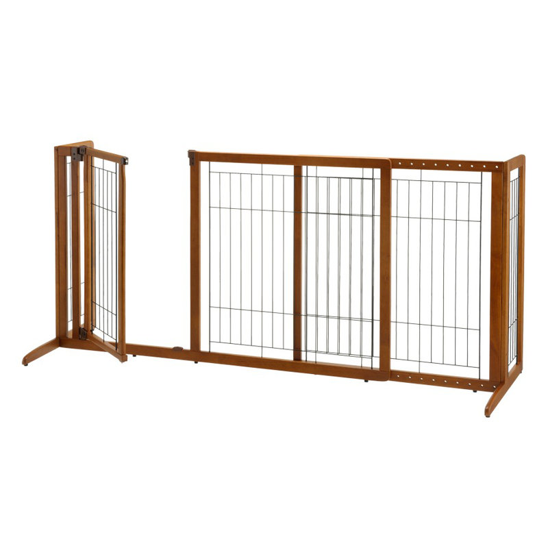 Medium Brown Wood and Metal Freestanding Pet Gate with Door