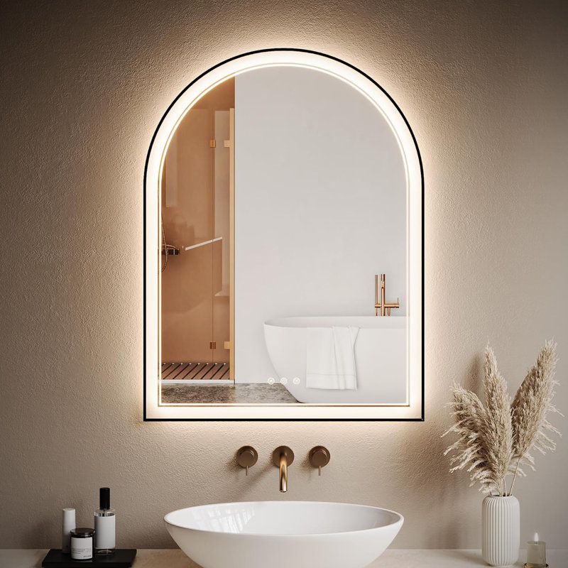 Miroirs de salle de bain arqués à DEL avec anti-buée, avec miroir à DEL à éclairage avant et rétroéclairé à intensité variable pour la salle de bain, miroir de salle de bain à température de couleur 3, suspendu ou incliné