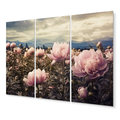Champ de pivoines roses - ensemble de reproductions d'art mural en métal floral