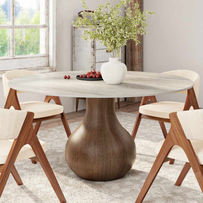 Table de salle à manger Travertine Stone, H 29,52 po x L 47,24 po x l 47,24 po, Noyer foncé