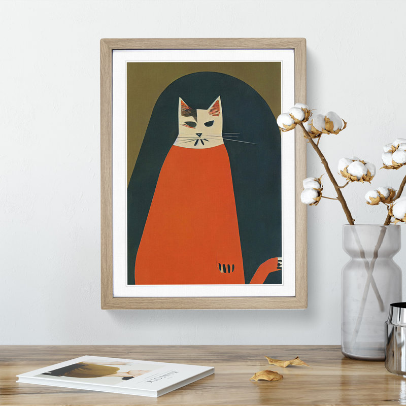 Boho Cat - Wall Art, 36cm H x 27cm W x 2cm D, Oak Framed, White