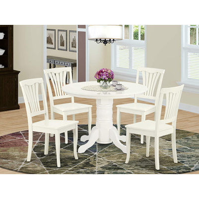 Ensemble de salle à manger 5 pièces comprenant une table de cuisine ronde avec pied central et 4 chaises, 107 x 107 cm, blanc lin