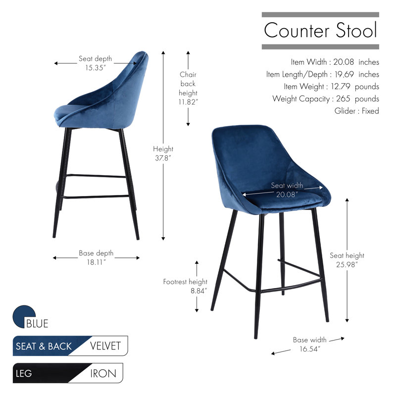 Tabouret Layken, Tabouret de comptoir (siège d'une hauteur de 26 p, Bleu