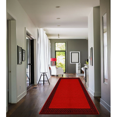 Plain Rug with Greek key Bordered Gel backed Rug Alyne Red/Black Rug