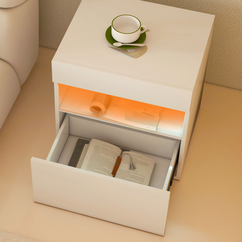 Nightstand with LED Lights, Bedside Table with Drawer and Shelf