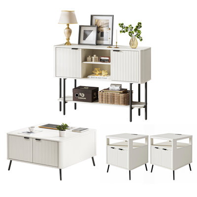 4-Piece Modern Stripe Living Room Table Set with Lift-Top Coffee Table, Charging End Tables & Entryway Console Table
