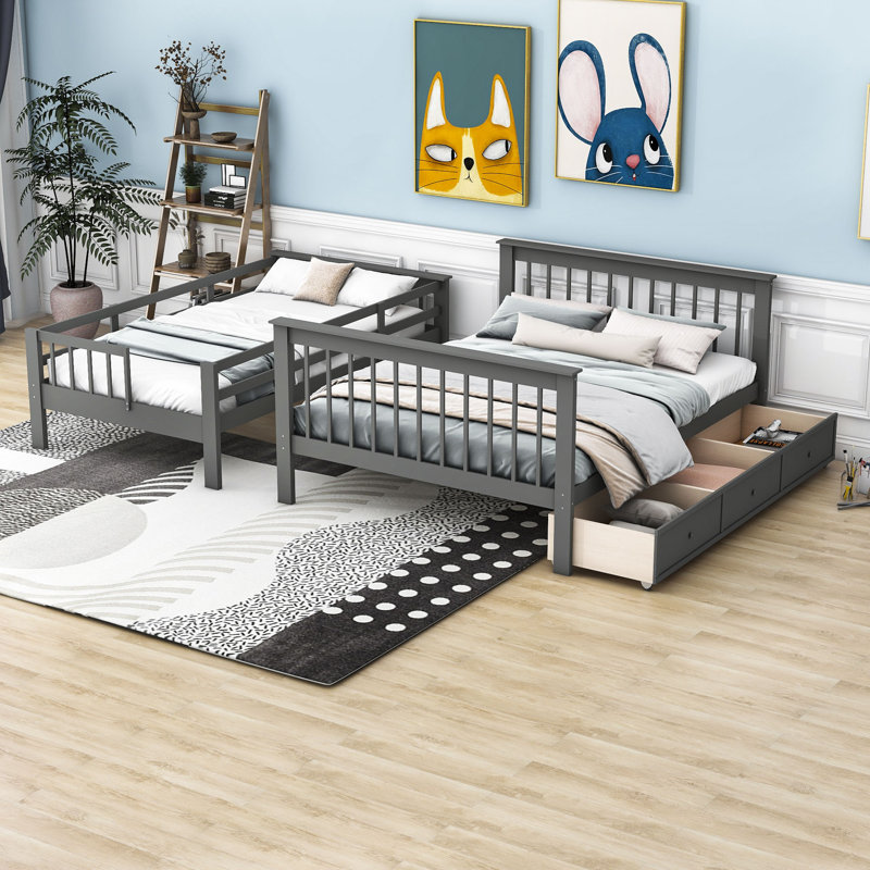 Gerimiah Kids Twin Over Full Bunk Bed with Drawers, Gray