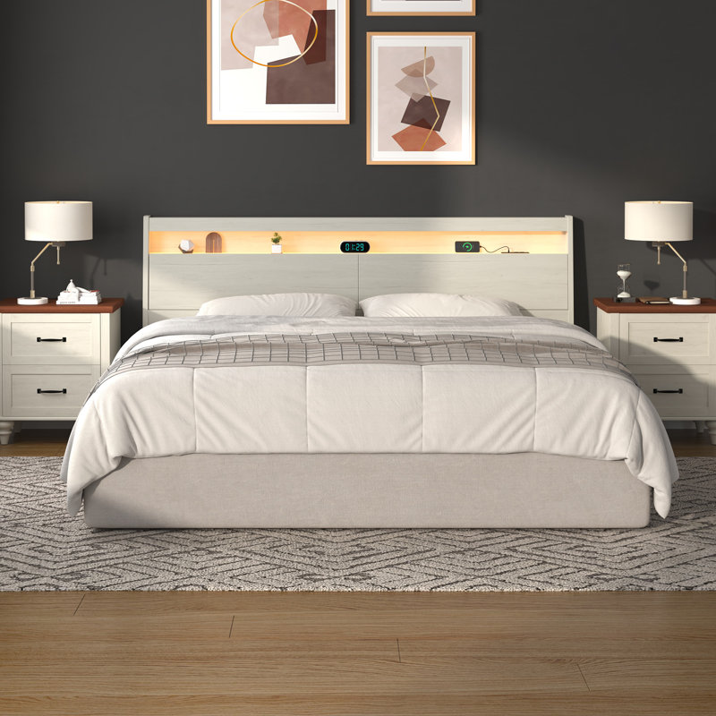 headboard with storage with LED Light Storage Shelves Power Outlets USB Ports and Skirting Slot, White, Queen