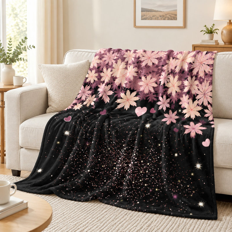 Couverture en flanelle douce et confortable - Motif floral et cœur, noire à fleurs roses et étoiles scintillantes, légère, douce et décorative, toutes saisons, agréable au toucher, lavable à la machine, idéale pour canapé, fauteuil, salon et chambre.
