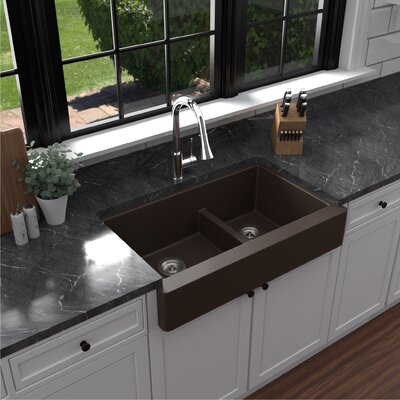 Karran Retrofit Farmhouse/Apron-Front Quartz Composite 34'' X 21-1/4'' 60/40 Double Bowl Kitchen Sink -  QAR-760-BR